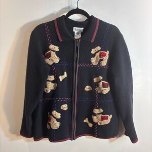 TABI INTERNATIONAL Sz XL Black Dog Pattern Cardigan Jacket Zipper 100% Wool